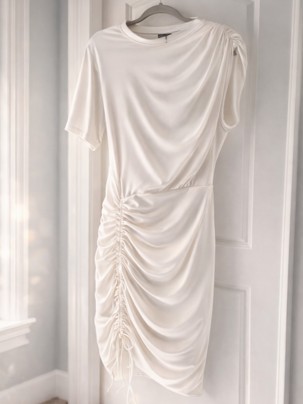 Zara White Ruched Satin-Look Short Sleeve Tunic